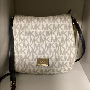 Michael Kors White MK Logo Crossbody with Navy Trim and Gold Plate